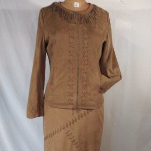 Camel Faux Suede Full Zip Up Long Sleeve 2pc Suit